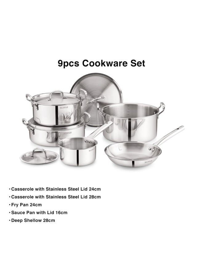 Bergner Triply Stainless Steel 9pcs Cookware Set - 16cm Saucepan, 24cm & 28cm Casseroles, 28cm Biryani Pot, 24cm Frypan & 4 Lids, Less Oil Use Healthy Cooking Set, Induction & Gas Compatible - Image 2